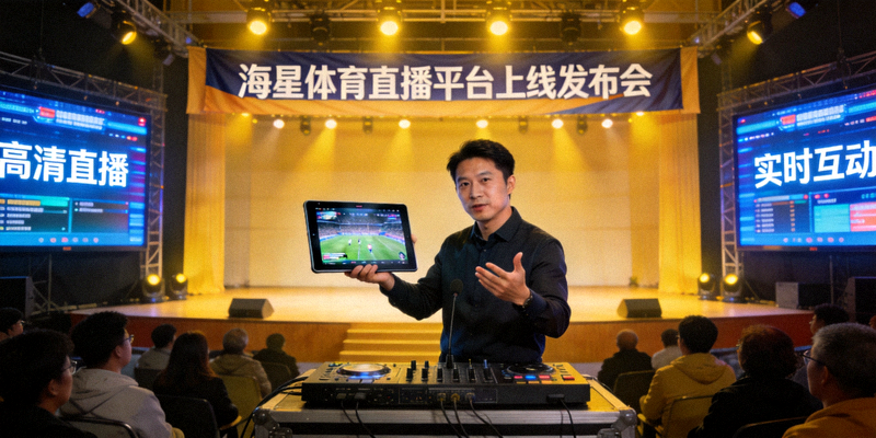 海星体育直播平台上线发布会现场，工作人员演示高清直播画面