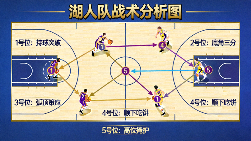 湖人队战术分析图 - 展示球员跑位与进攻路线