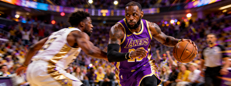 NBA季后赛西部决赛前瞻文章封面图 - 湖人队球星勒布朗·詹姆斯在比赛中持球突破，背景是激烈的赛场氛围
