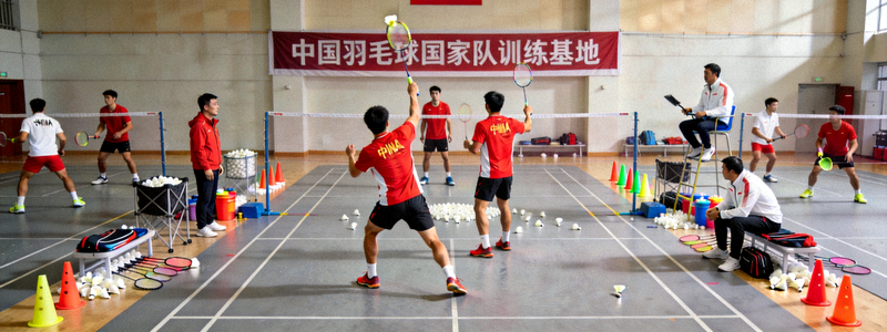 中国羽毛球国家队全体队员在训练场上刻苦训练的场景