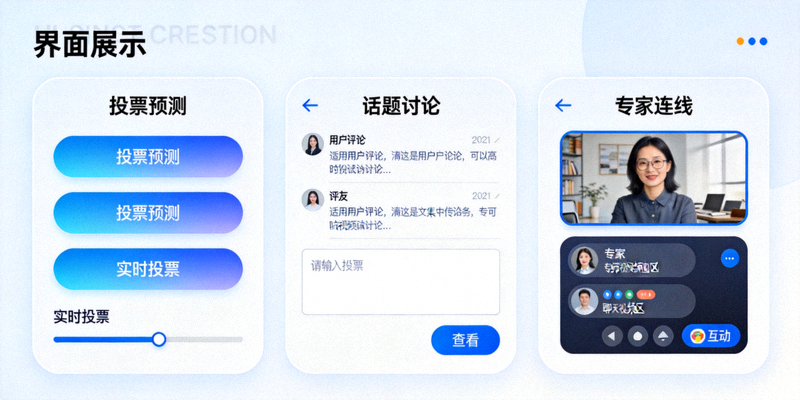 互动观赛模式演示，显示投票预测、话题讨论和专家连线界面