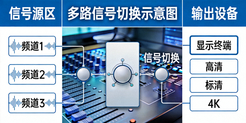 多路信号切换示意图，展示不同频道和画质选项