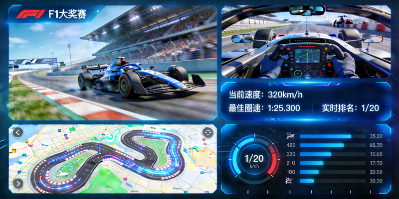 F1大奖赛多路信号界面，展示主画面、车载镜头、地图视角、数据屏