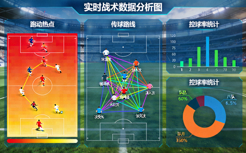 实时战术数据分析图，显示球员跑动热图、传球网络和控球率统计
