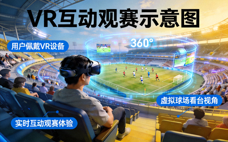 VR互动观赛示意图，用户通过VR设备仿佛置身于球场看台